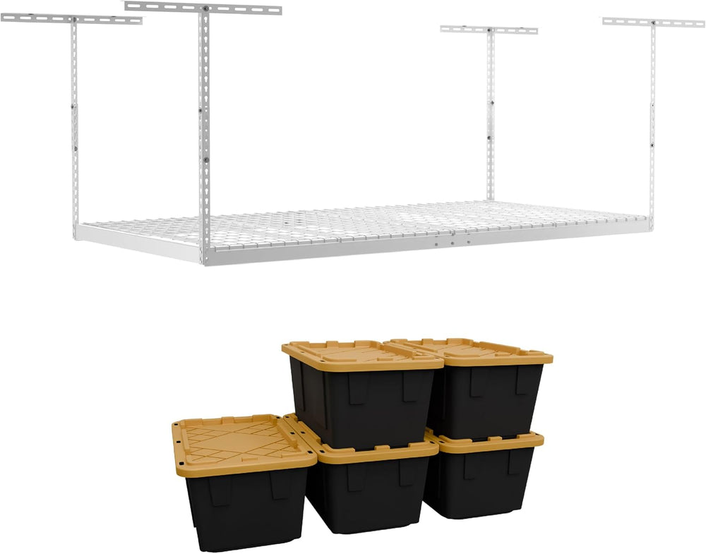 MonsterRAX 4x8 Overhead Garage Storage Rack and Bins, White, 12"-21"