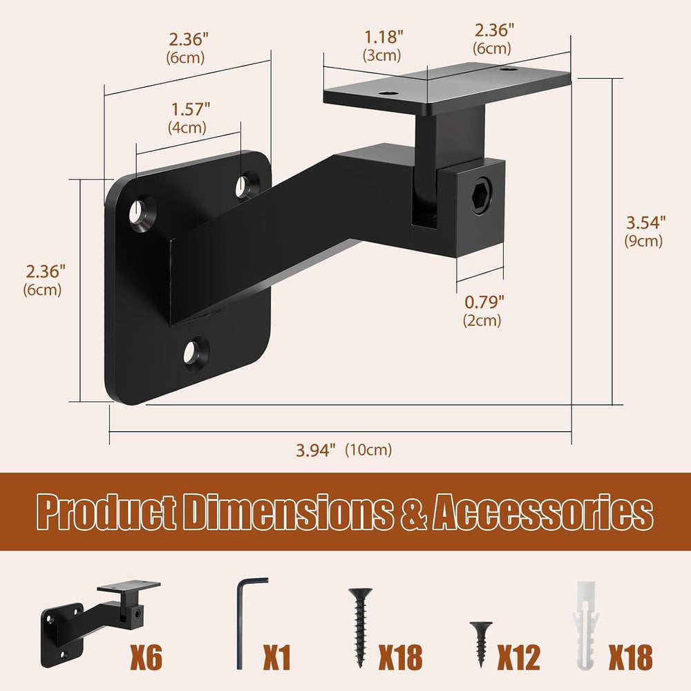 Adjustable Handrail Brackets, 6 Pack Black Swivel Hand Rail Brackets