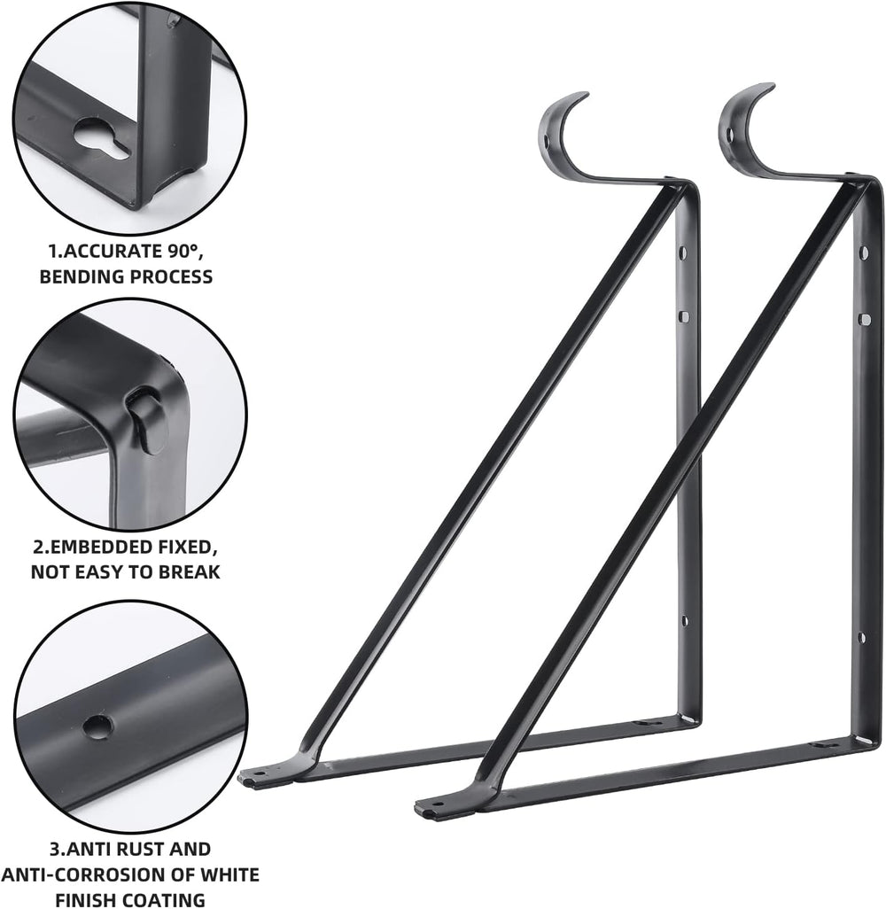 Closet Rod Brackets 11x9.5in, Closet Shelf Brackets 10 Pack, Black