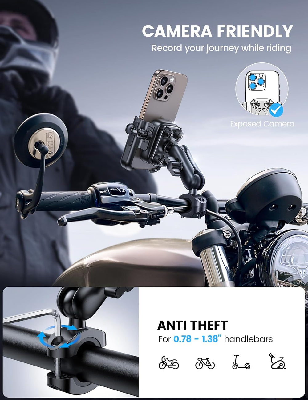 Lamicall Motorcycle Phone Mount Holder - [All Metal] [Anti Shake]
