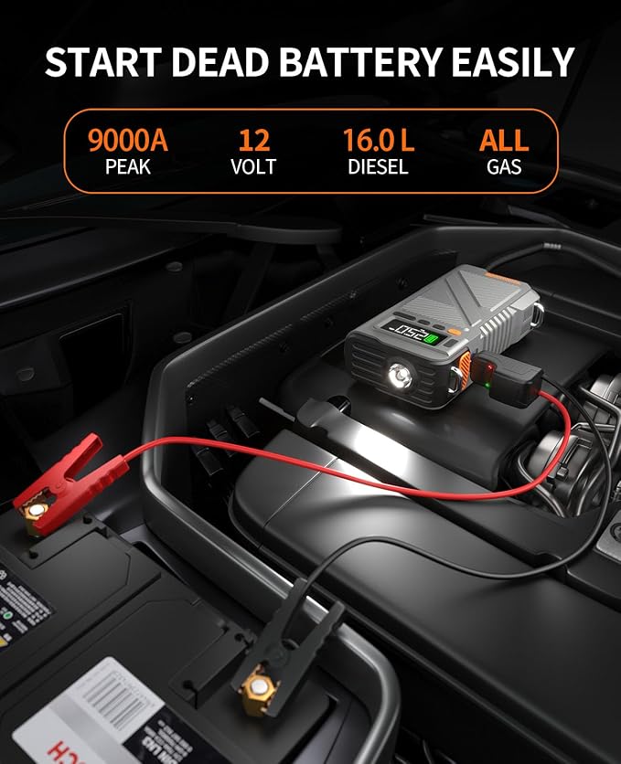Car Jump Starter with Air Compressor 9000A, 9 in 1 Jumper Box