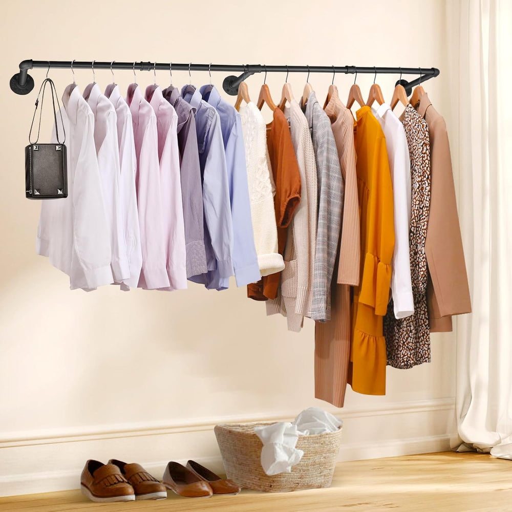 Industrial Pipe Clothing Rack, 66.1" Wall Mounted Clothes Rack Set of 2,...