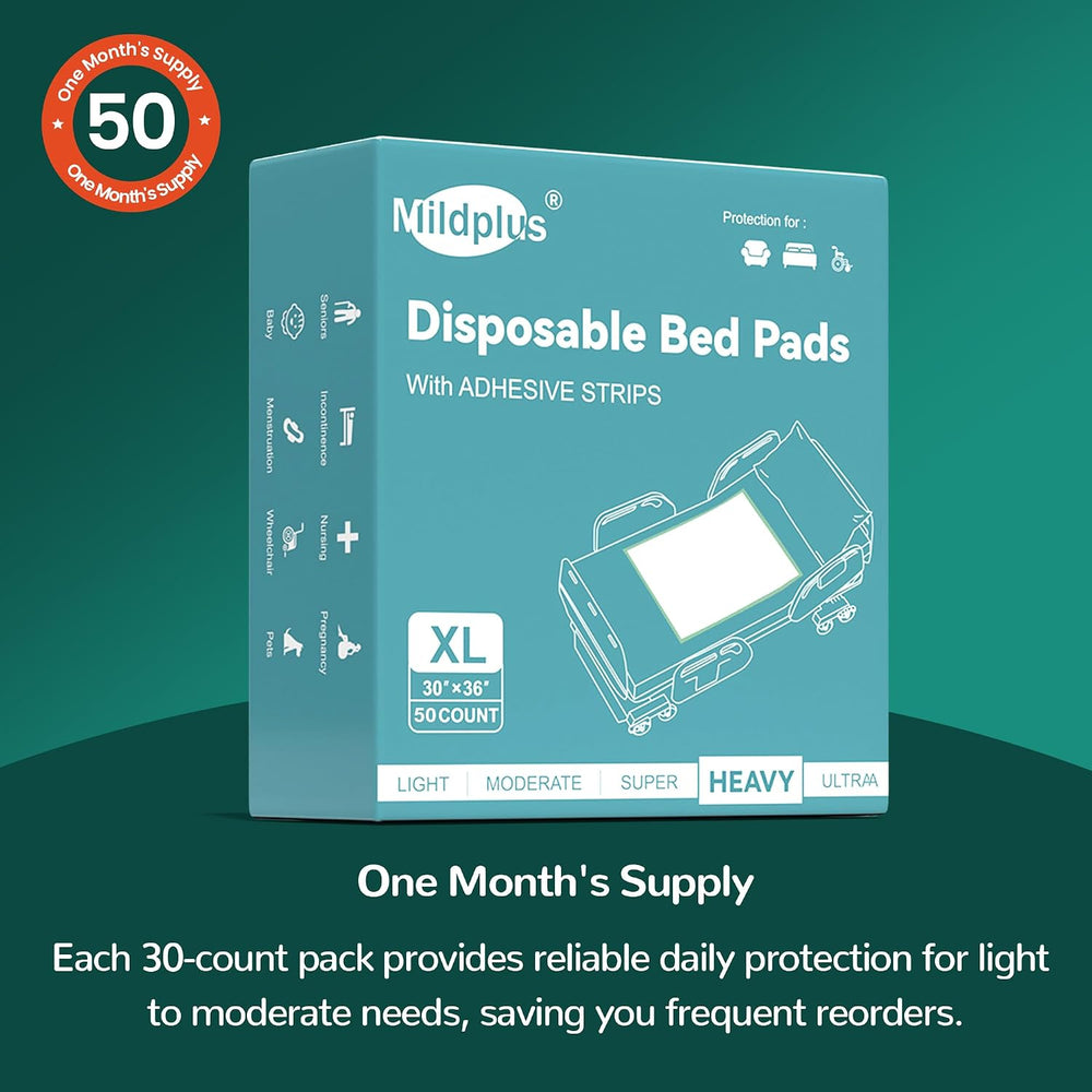 MILDPLUS Disposable Bed Pads with Adhesive Strip 30" x 36" (50 Counts)