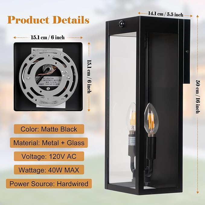Black Motion Sensor Outdoor Lights 2-Light, 16” Modern Dusk to Dawn Sensor (2...