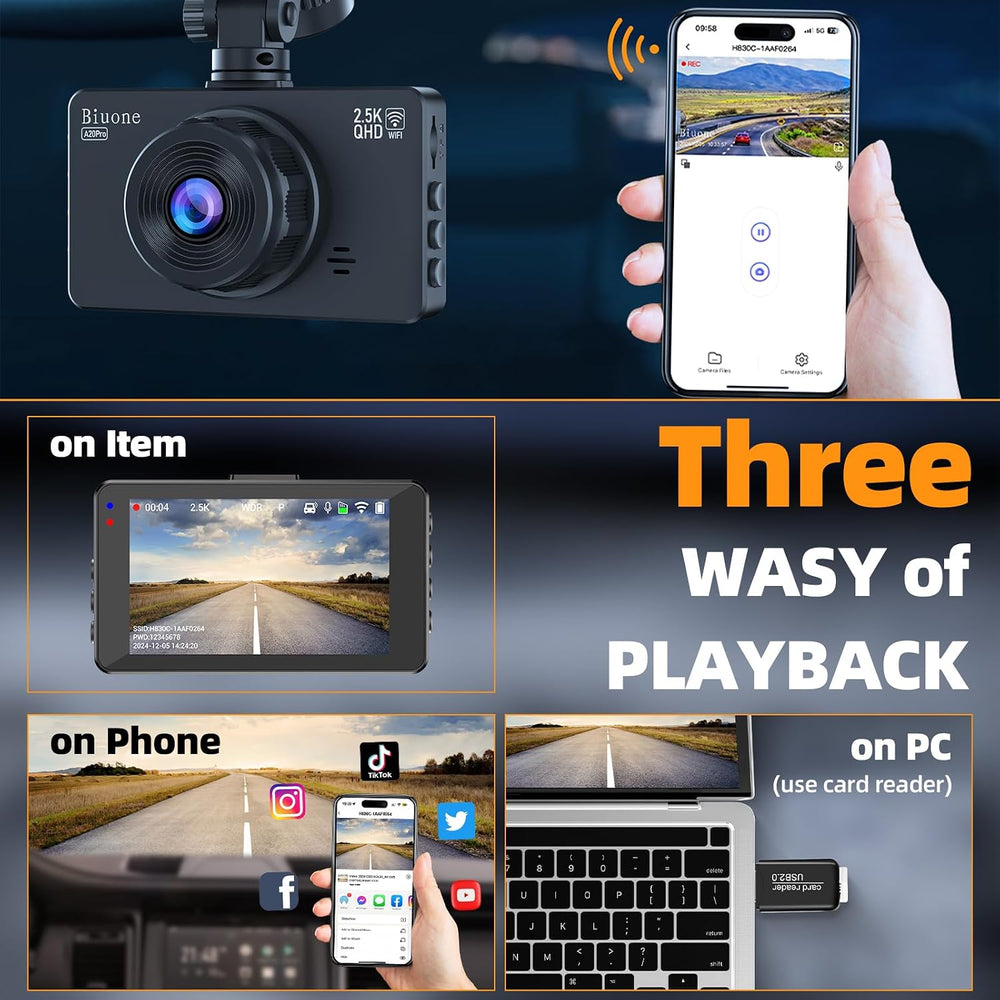 Dash Cam Front and Rear, 2.5K+1080P, WiFi App, 64GB Card