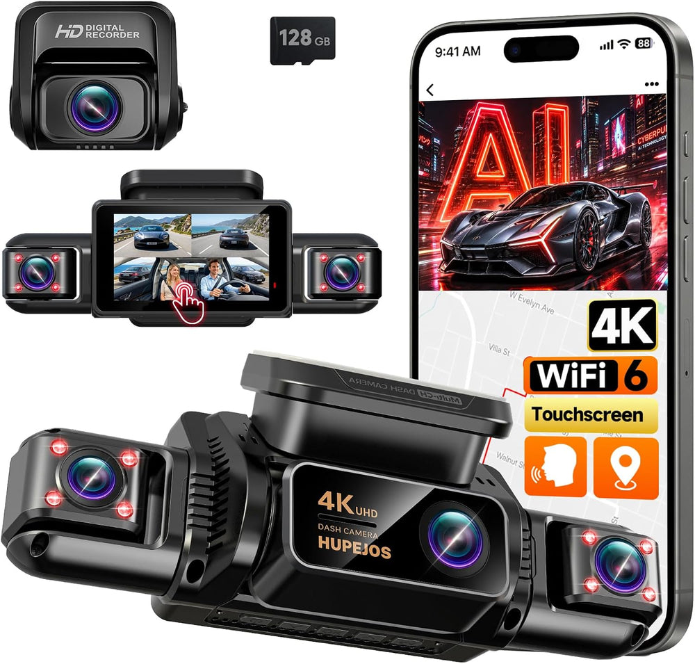 HUPEJOS AI 4K Dash Cam Front and Rear, 360° View 4 Channel Camera for Car