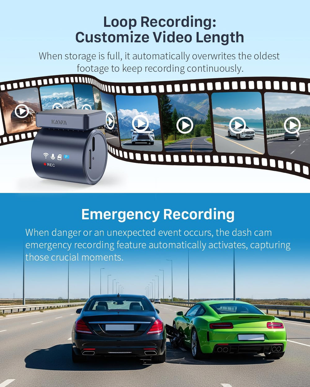 KAWA 2K Dash Cam, Stealth Display & Voice Control & WiFi Car Camera