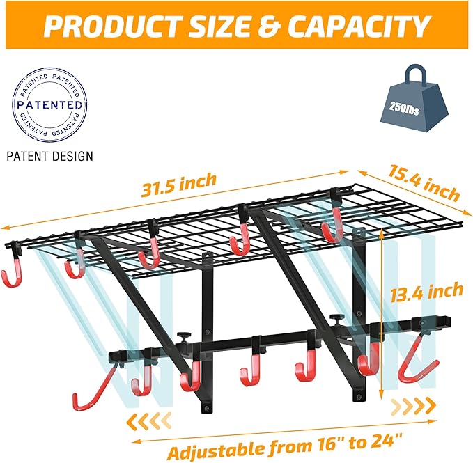 PLKOW Garage Wall Shelving 1 Pack Includes 2 Bike Hooks, Wall Shelves Garage