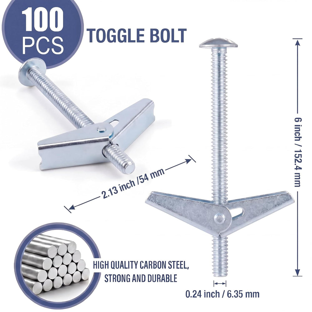 50-Pack 1/4" x 6" Extra Long Toggle Bolts, Heavy Duty Spring Toggle...