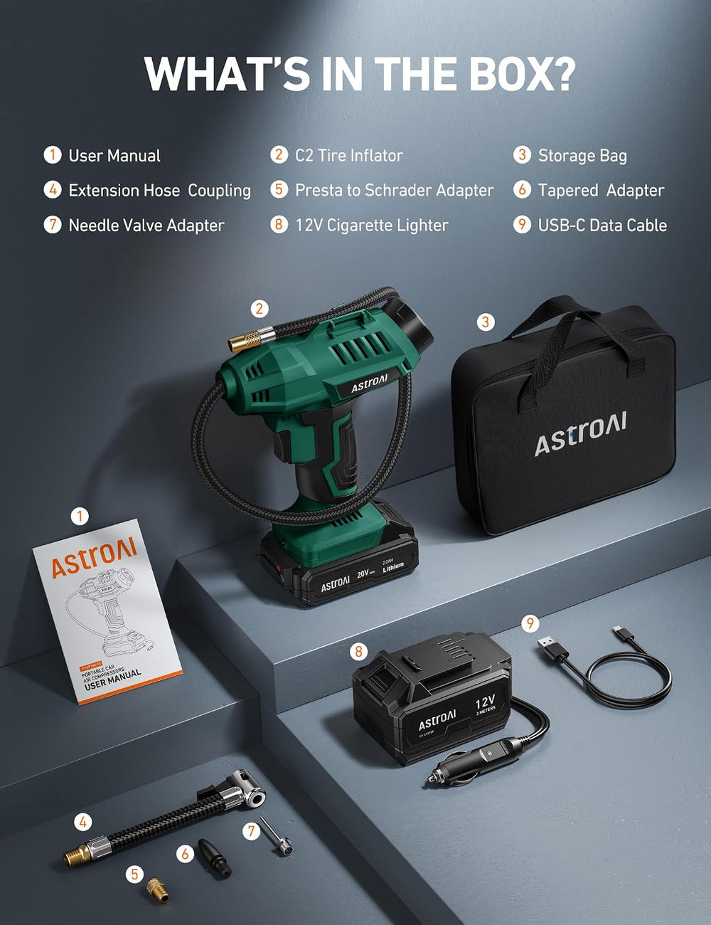 AstroAI Cordless Tire Inflator Portable Air Compressor 160PSI 12VDC Battery