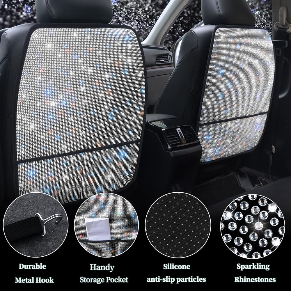 Bling Crystal Car Seat Back Kick Protectors with Storage, Sparkly Diamond Kic...