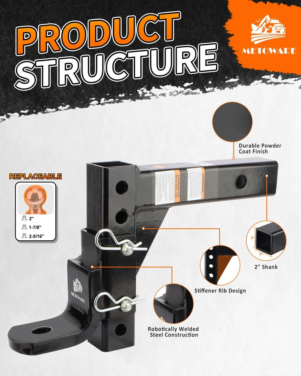 METOWARE 2" Adjustable Trailer Hitch Ball Mount 9-1/2" Drop and 8-1...