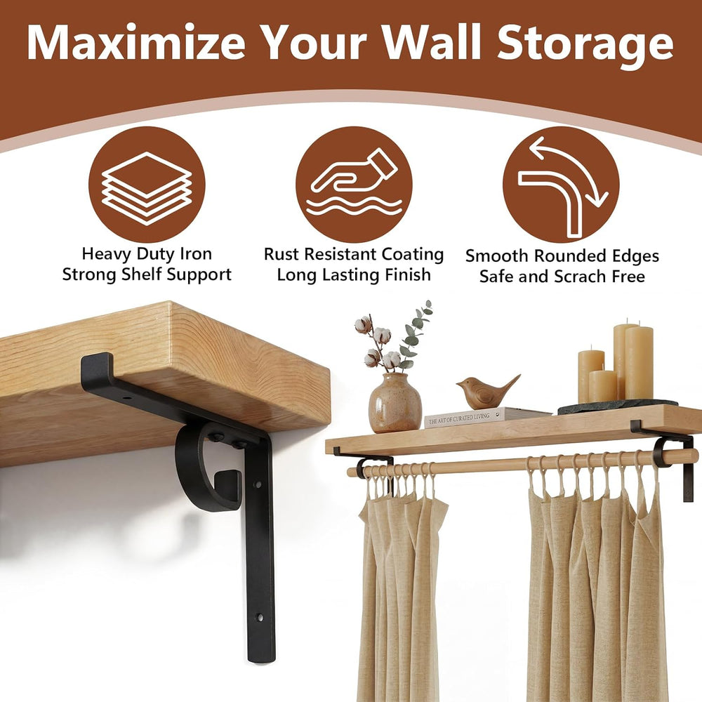 Hicarer 2 Pcs Single Shelf Brackets with Curtain Rod Holder, 6 Inch