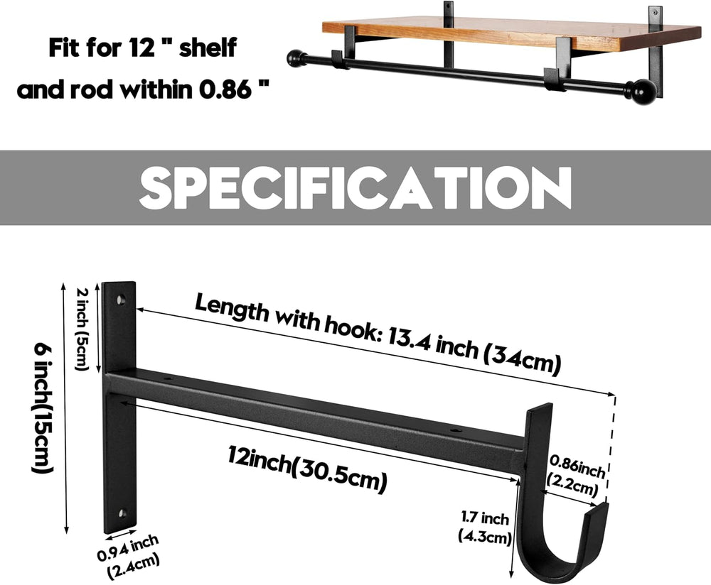AddGrace Closet Rod Bracket Heavy Duty Shelf Brackets Black 12 Inch 4 Pack