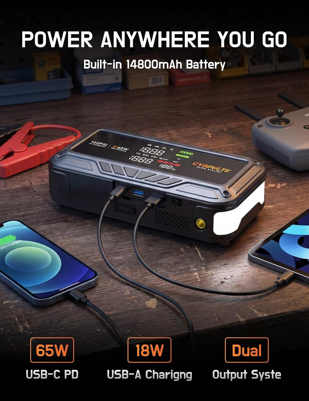Jump Starter with Air Compressor 8000A 160 PSI,65W Charge
