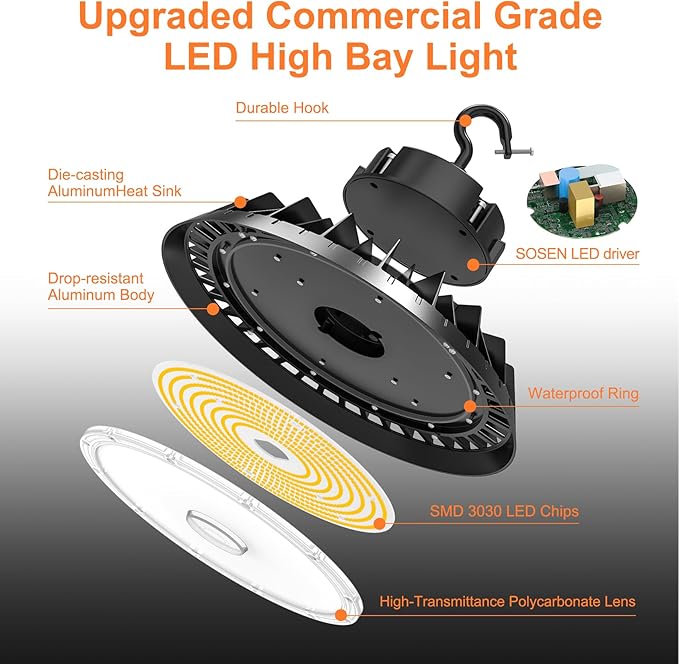 6Pack LED High Bay Lights, Super Bright 200W UFO High Bay LED Shop Lights