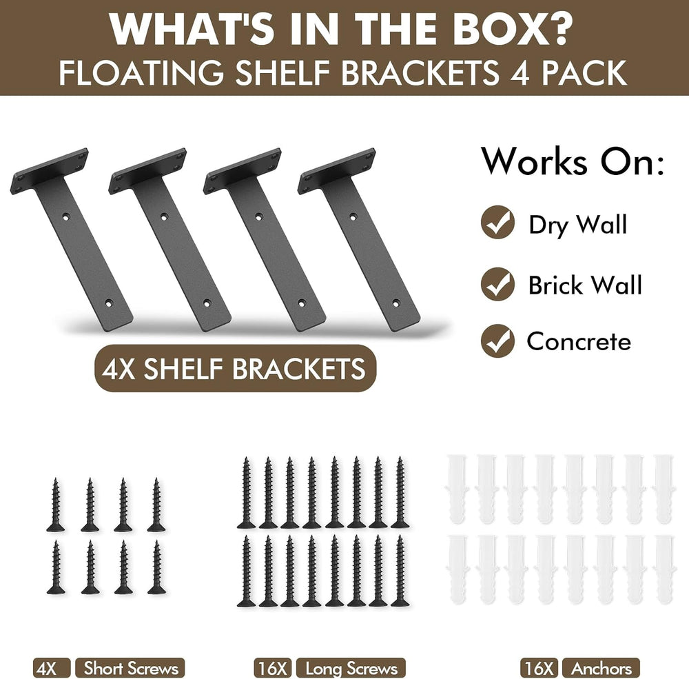 4 Pack Heavy Duty Metal Shelf Brackets 10 inch Long,Black