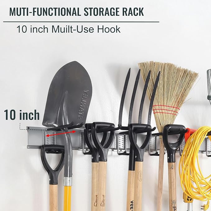Wall Mount Tool Storage Rack, Heavy Duty Garage Organizer, Garden Hooks and
