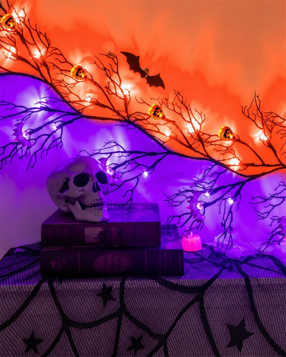 Halloween Twig Garland Decoration with 66 Purple and Orange LED Lights,9 FT