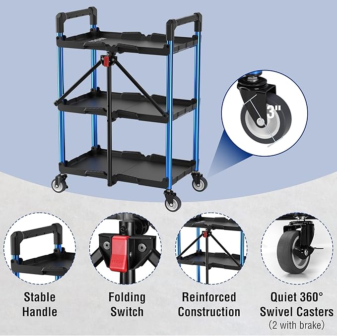 WORKPRO 3-Tier Collapsible Service Cart, 210 LBS Foldable Utility Service Cart