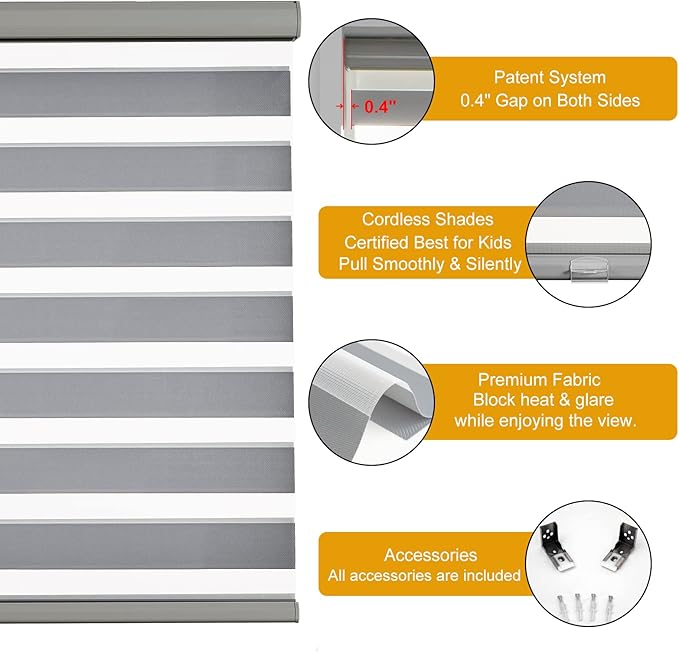 Persilux Cordless Zebra Blinds for Indoor Windows, Free-Stop Zebra Blinds