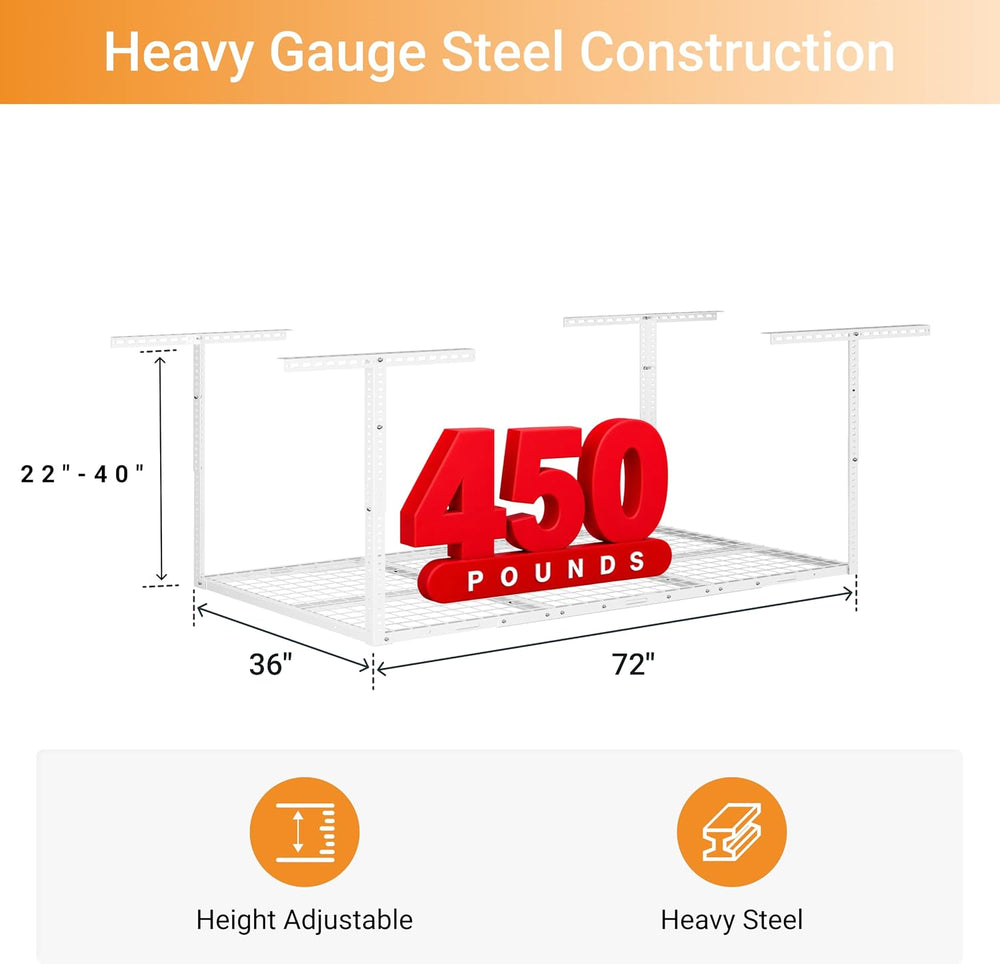 3x6ft Overhead Ceiling Garage Storage Rack, 450LBS Capacity, White