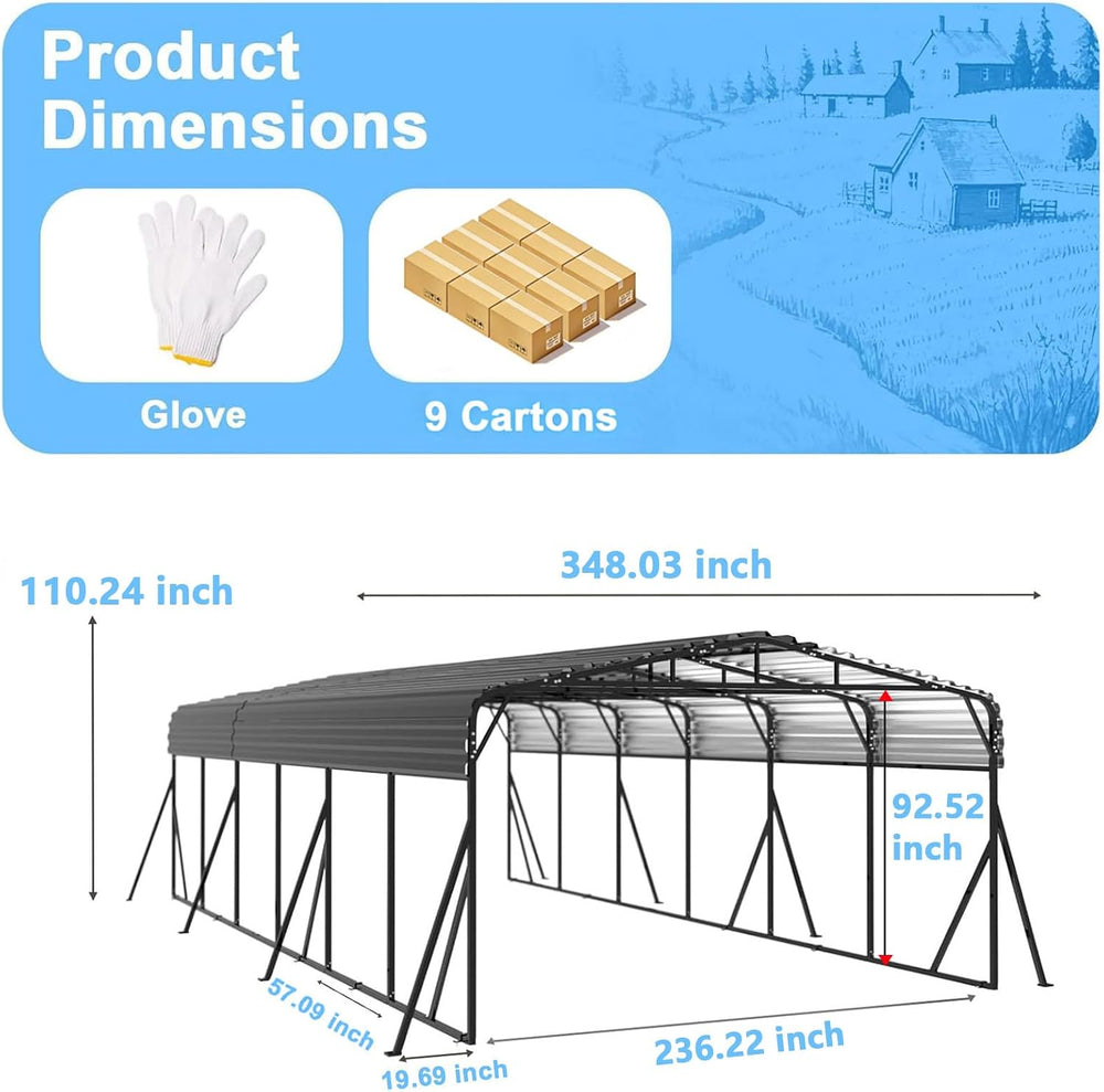 20x30 FT Metal Carport with Extra 8 Side Reinforcement Support Rods