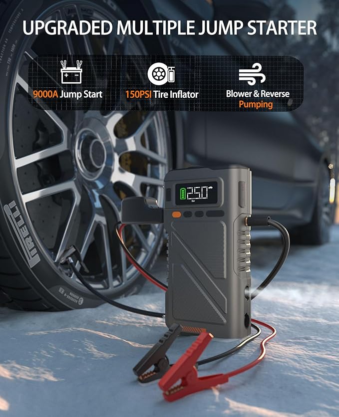 Car Jump Starter with Air Compressor 9000A, 9 in 1 Jumper Box
