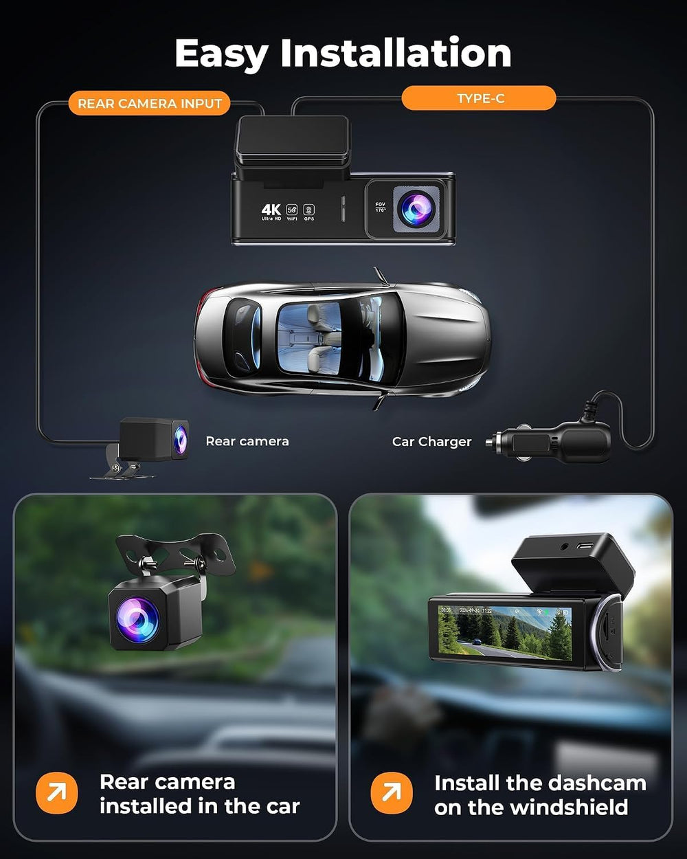 Dash Cam Front and Rear, 4K Front Camera, WiFi and GPS