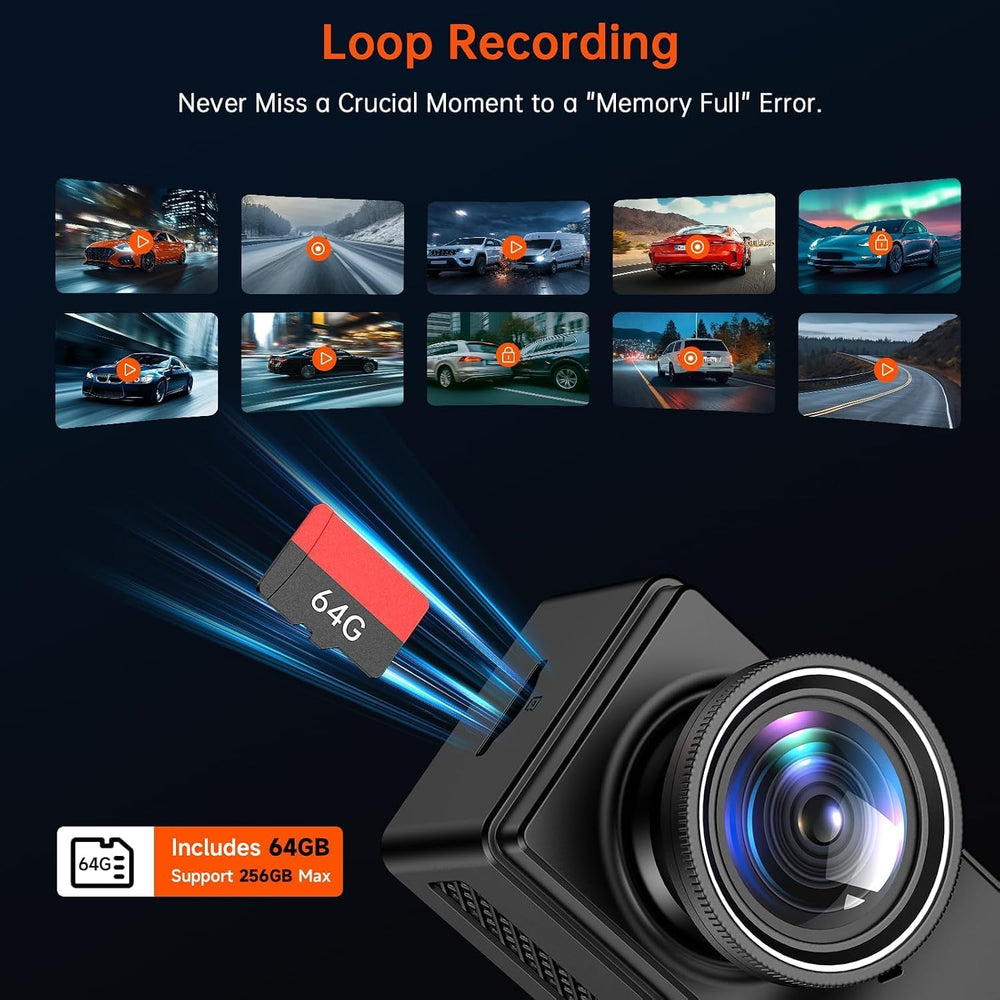 Dashcam Front and Rear Camera, 4K Dash Cam with 64GB Card, Black