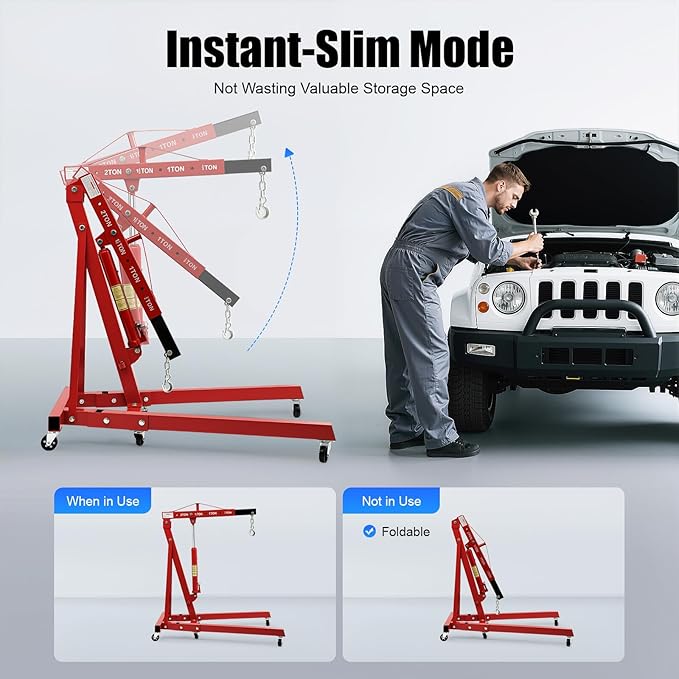 2 Ton Engine Hoist, Folding Hydraulic Engine Crane Red, Heavy Duty Cherry