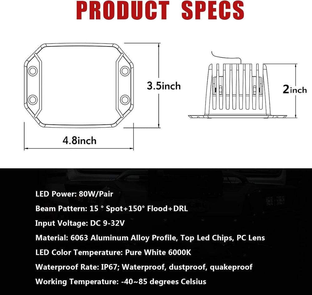 Flush Mount LED Pods with DRL, 2pcs 5Inch 80W Driving Lights Spot Flood Combo...