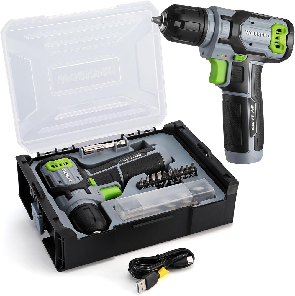 WORKPRO Power Drill Bit Set with Tool Box, 8V Cordless Drill Driver