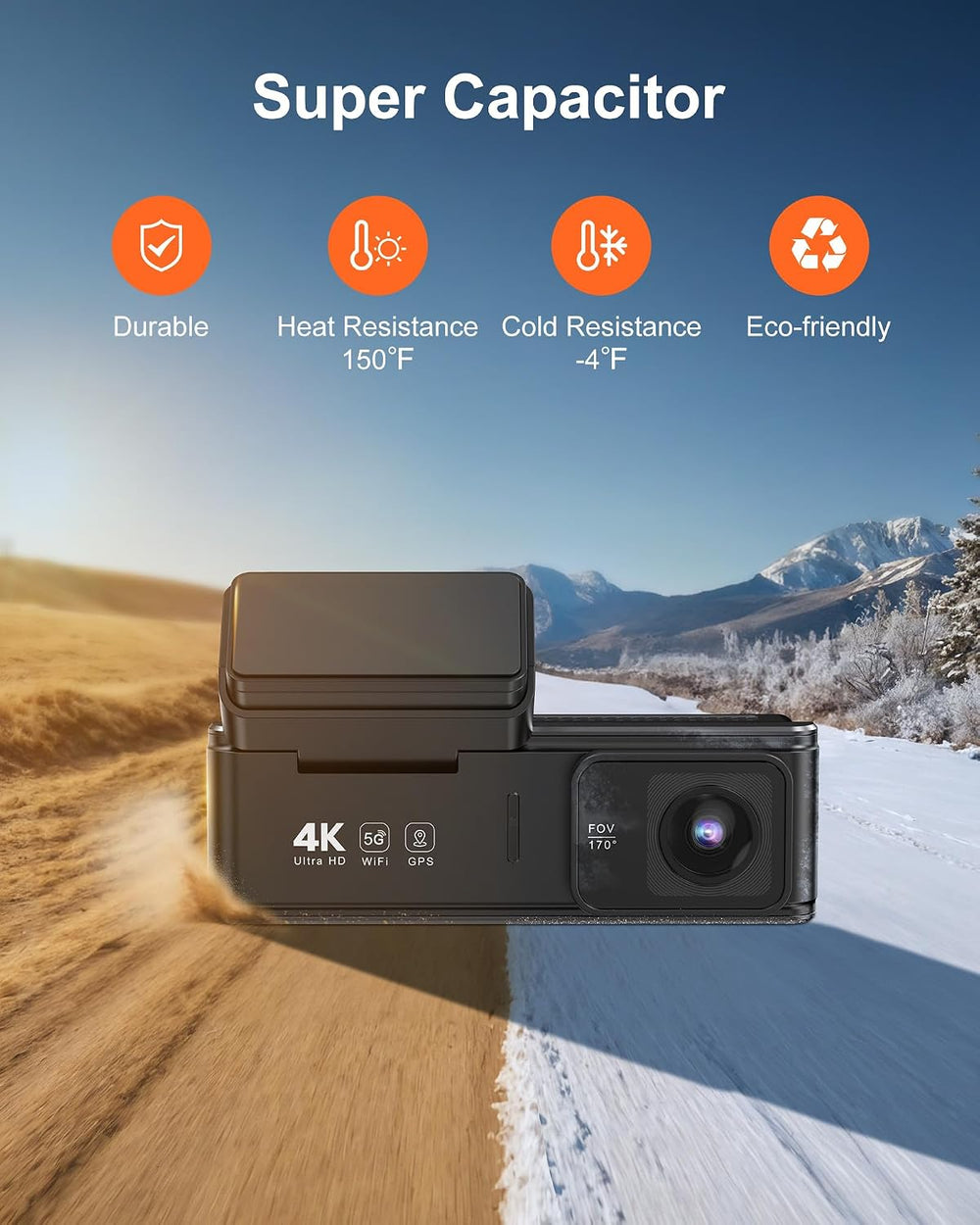 4K+1080P Dash Cam Front and Rear, 5GHz WiFi, GPS, 64GB Card Included