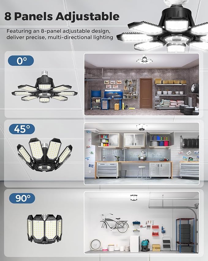 Adiding LED Garage Ceiling Lights 2 Pack w/ 8+1 Adjustable Panel, Super Bright