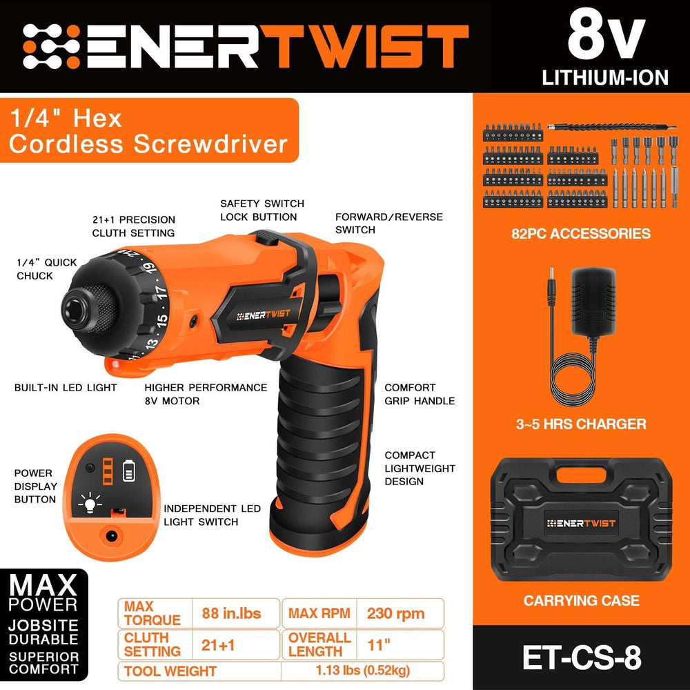 ENERTWIST 8V Cordless Screwdriver, 82 Accessory Kit, Max 10Nm 21+1 Cluth