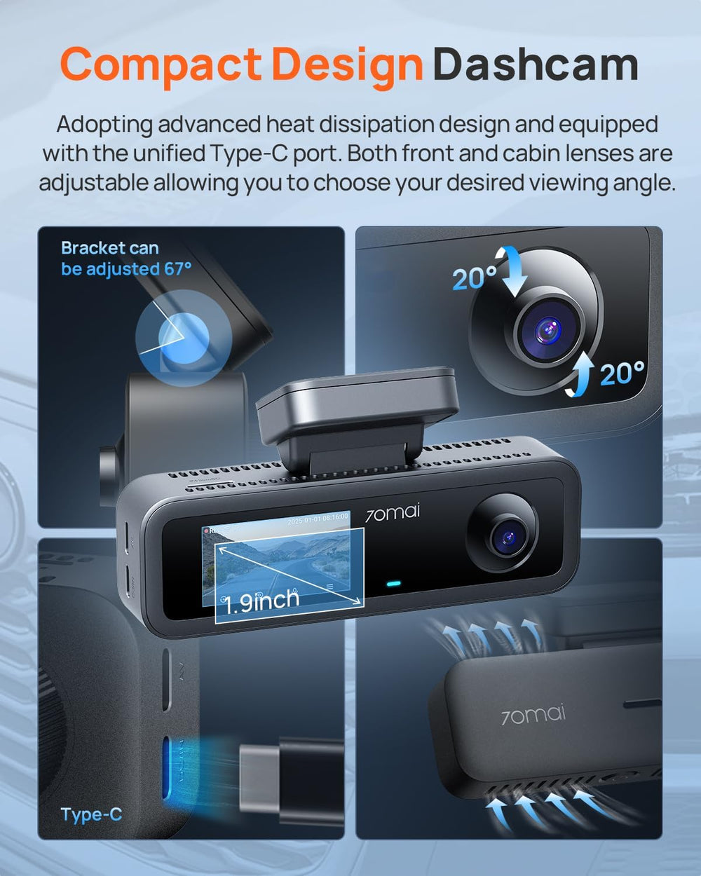 70mai 4K Dash Cam Front and Interior, 4K HDR Dash Camera with F1.55 Aperture,...