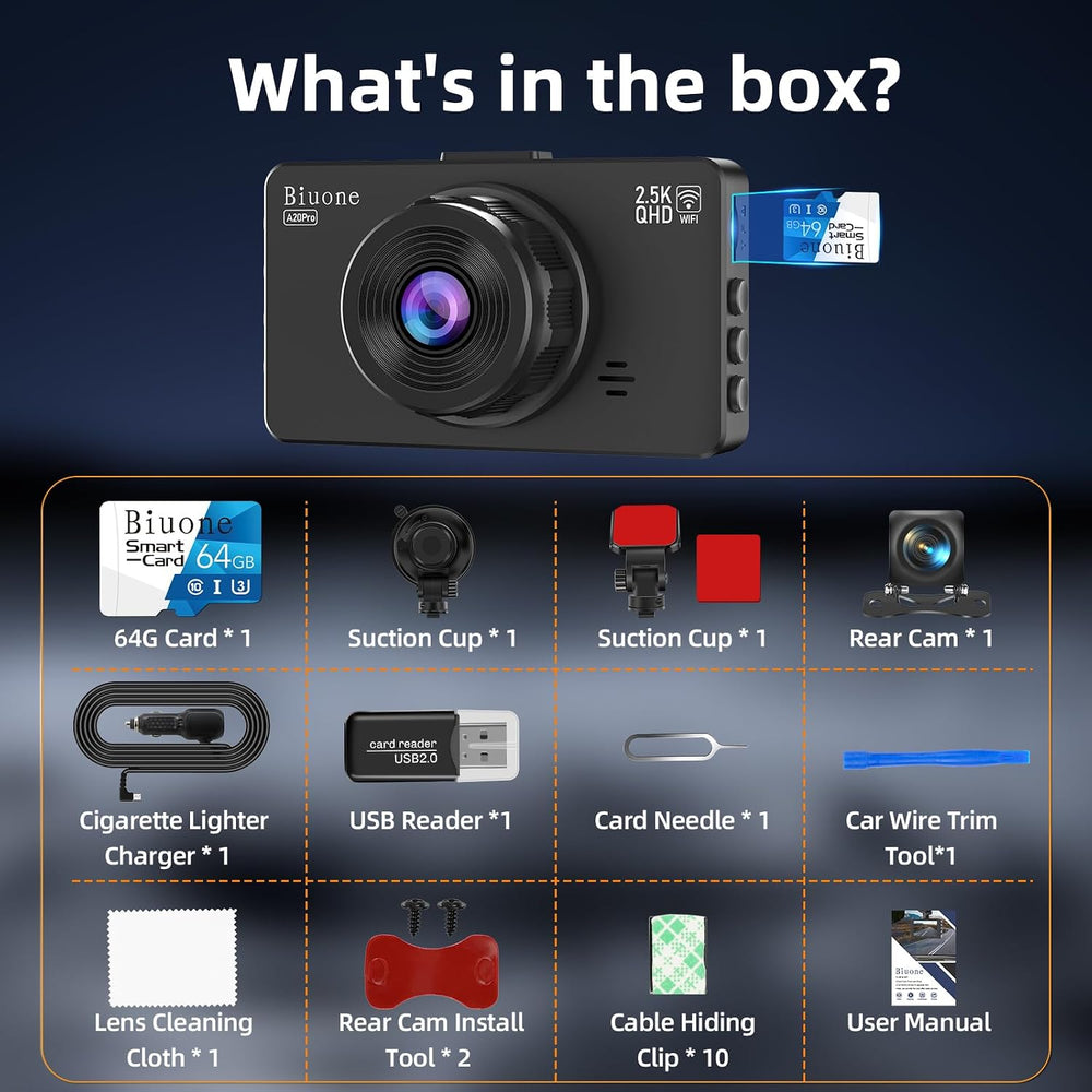 Dash Cam Front and Rear, 2.5K+1080P, WiFi App, 64GB Card