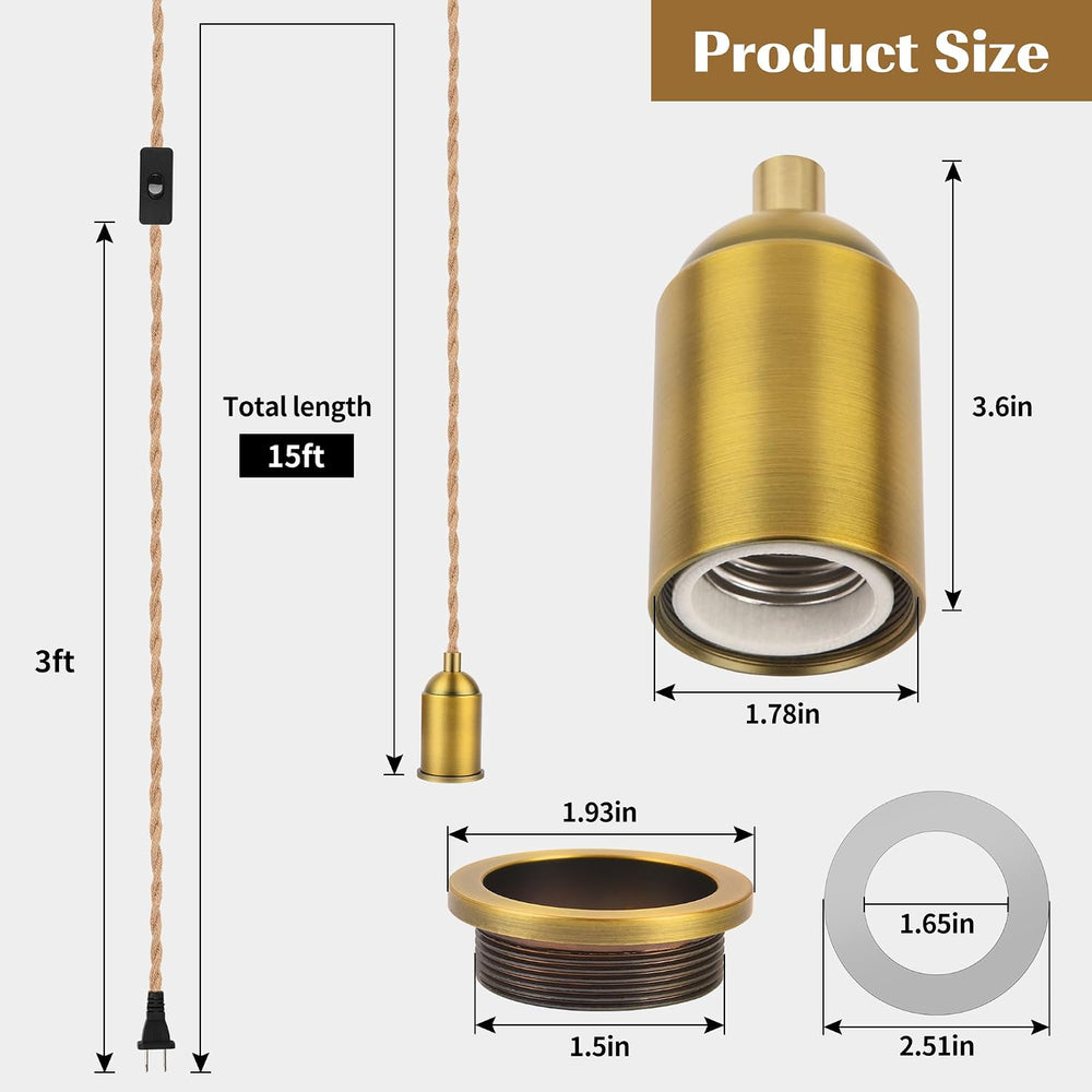 Pendant Lamp Cord 15FT Hemp Rope, Plug in Light Kit, 2-Pack
