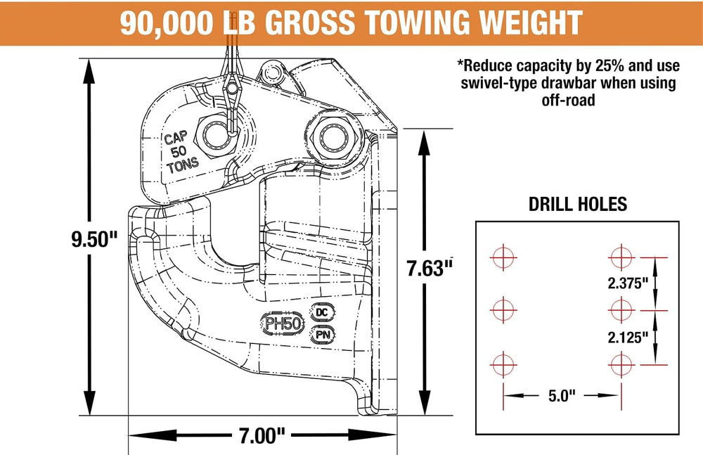 Buyers Products PH50 50 Ton Pintle Hook 6 Hole Mount Heavy Duty Hitch