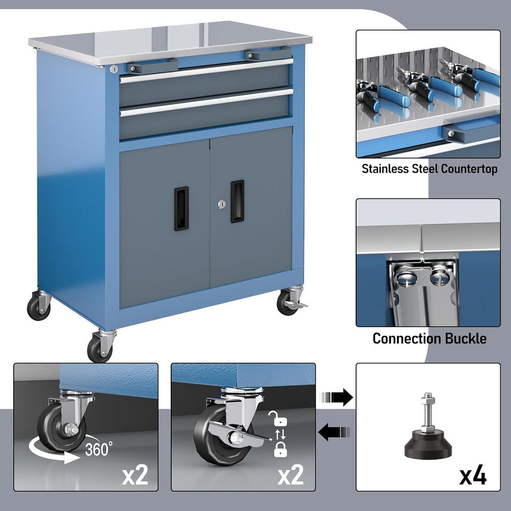 20 Drawer Rolling Tool Chest Combo,with Wheels & Foot Pads, Blue