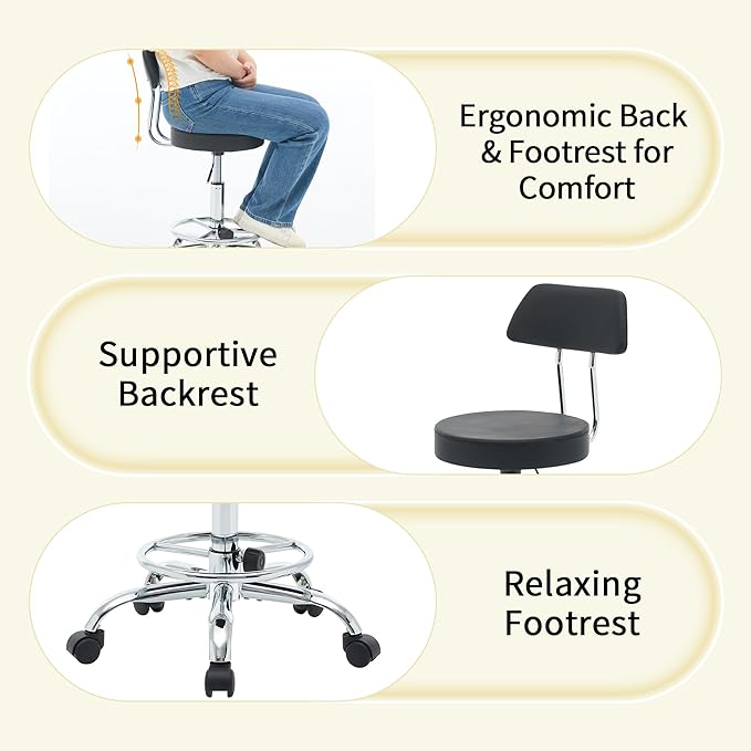 Rolling Stool with Back, Adjustable Height Foot Rest Rolling Salon Chair