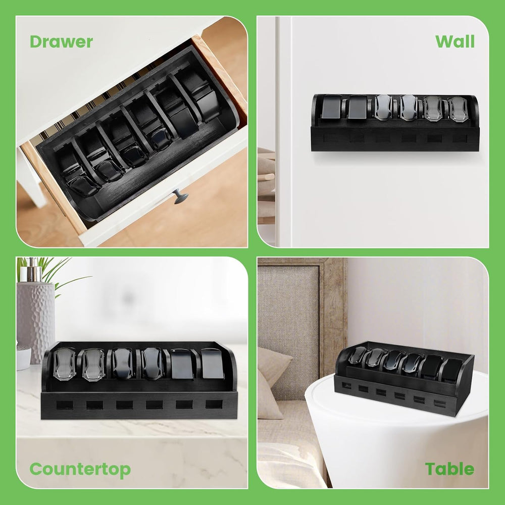 Large Adjustable Bamboo Belt Organizer Box, 6 Grids Belt Rack (Black)