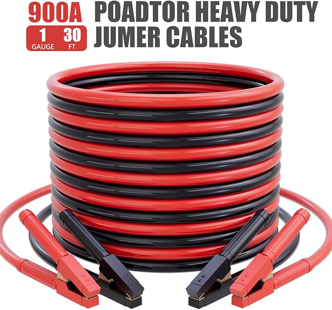 Heavy Duty Jumper Cables 1 Gauge 30FT 900A, Automotive Booster Cables