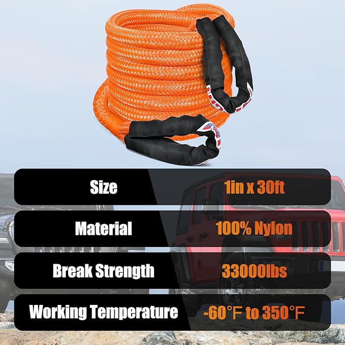Nilight Kinetic Recovery Rope 33000 LBS 1" x 30ft Snatch Strap Heavy Duty