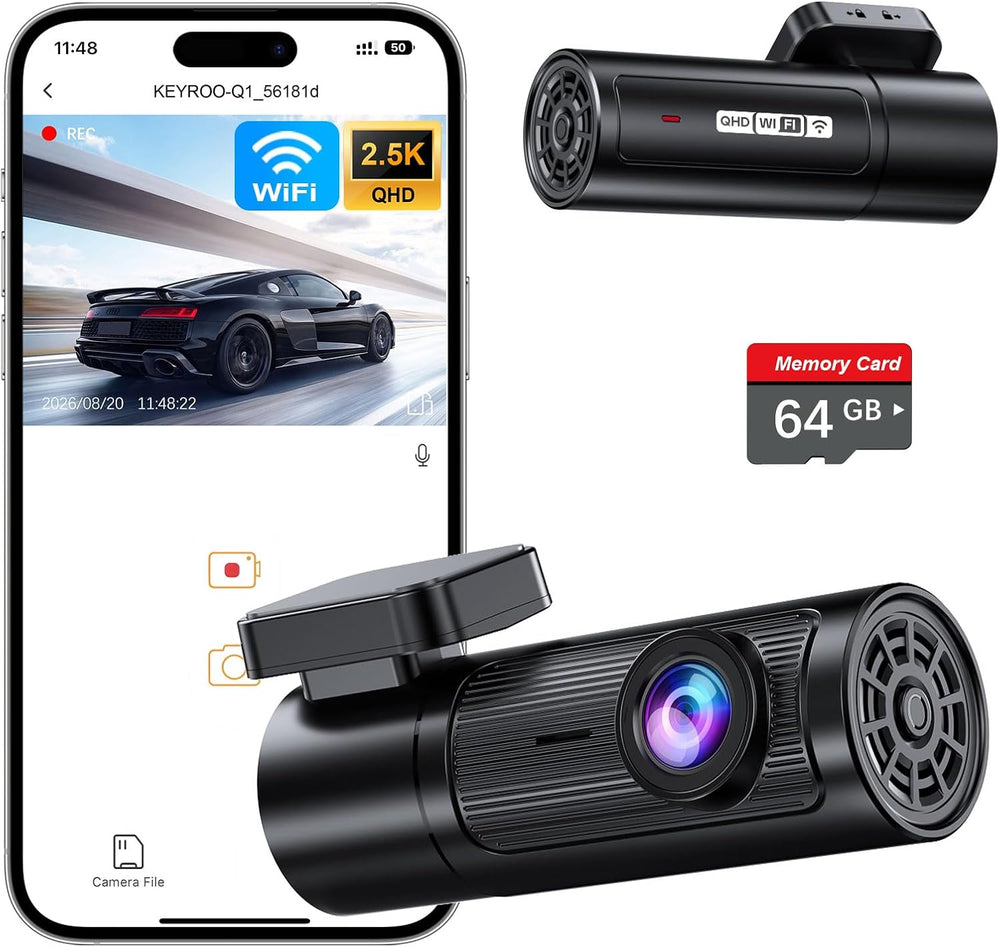 2.5K Dash Cam Front, 64GB Card Included, Mini Dash Camera with WiFi & App