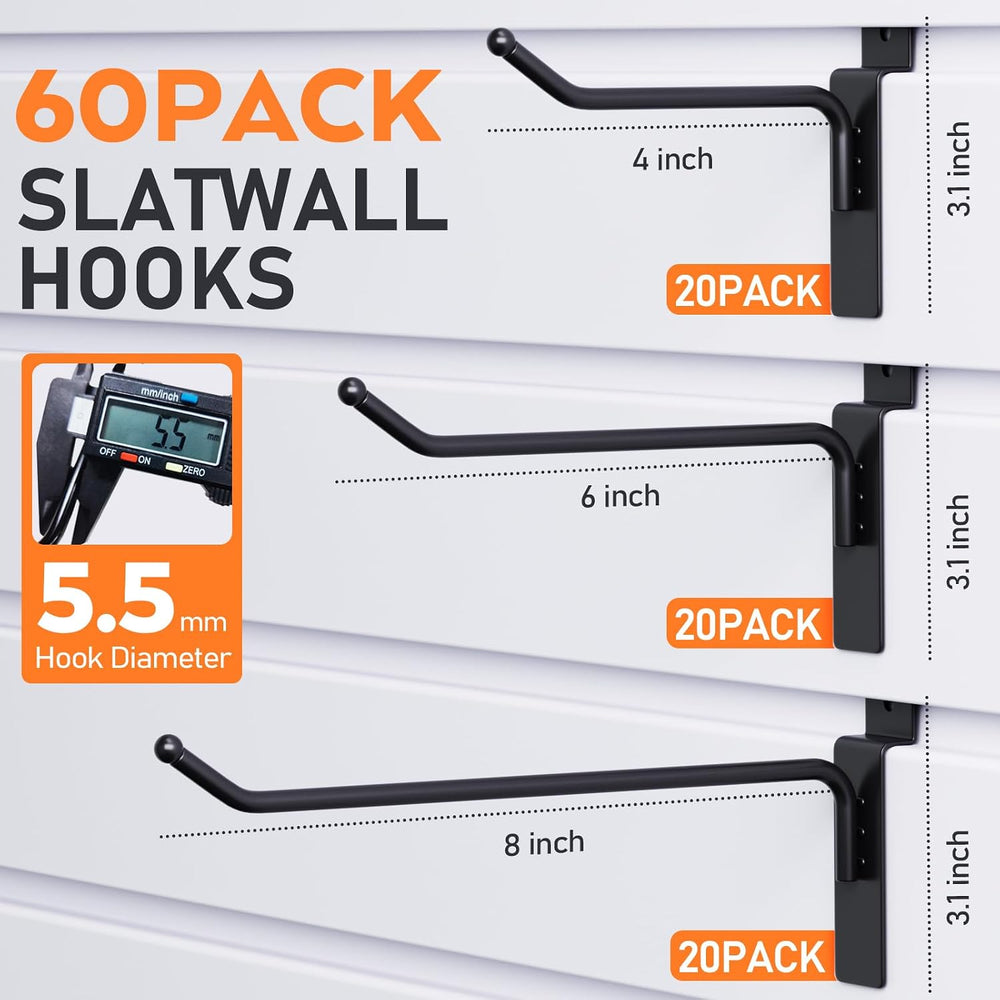 INCLY 60 Pack Slatwall Hooks, 4/6/8 Inch Slat Wall Hanging Hook and Hanger