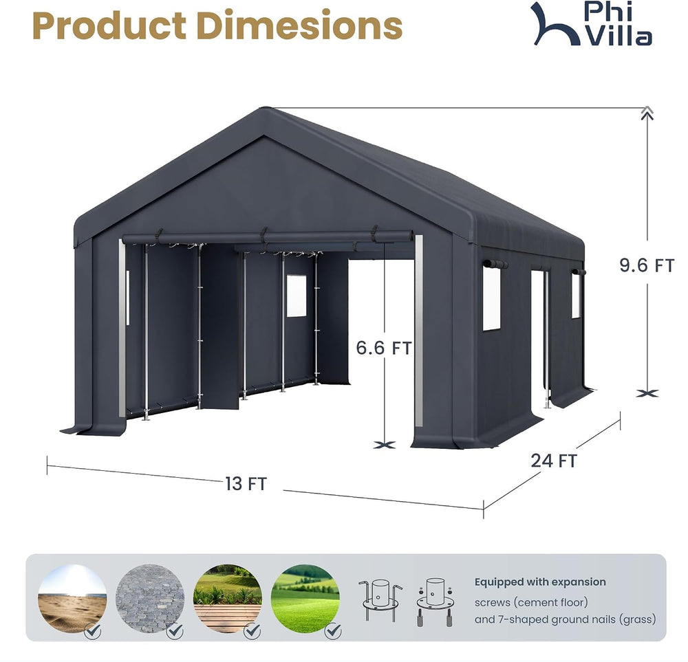 PHI VILLA 13x24ft Portable Garage Carport, Car Tents Storage Shed Canopy