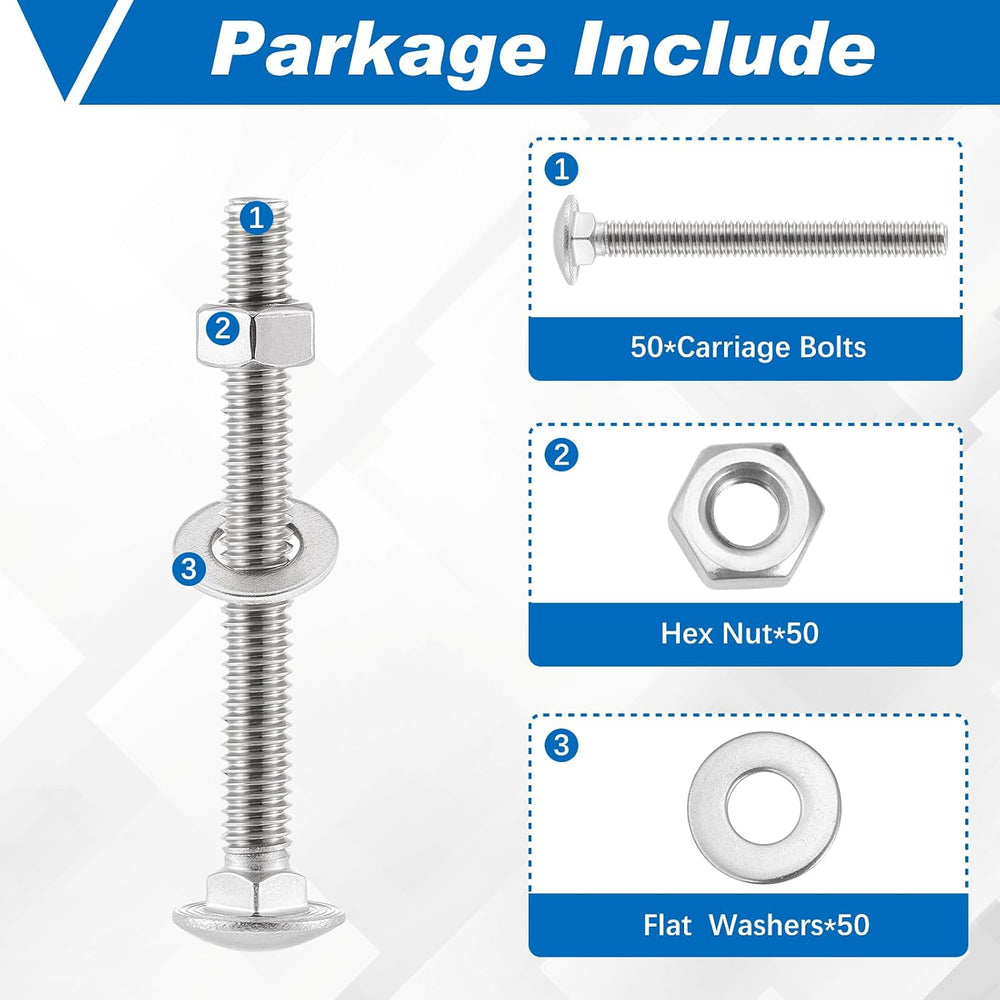 Zonon 50 Sets 1/4-20 x 2-1/2" Carriage Bolts and Nuts Kit,Silver