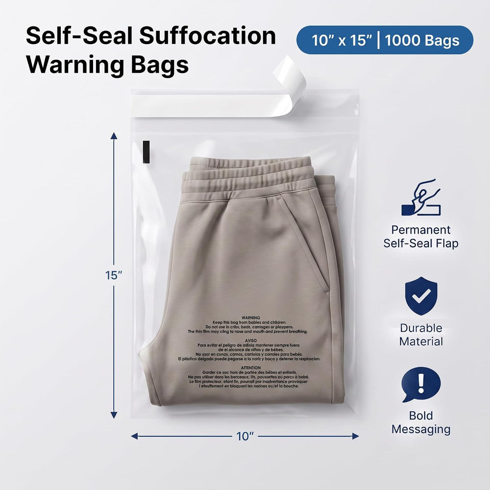 10" X 15" (1000 Count) Self Seal Clear Poly Bags with Suffocation W...